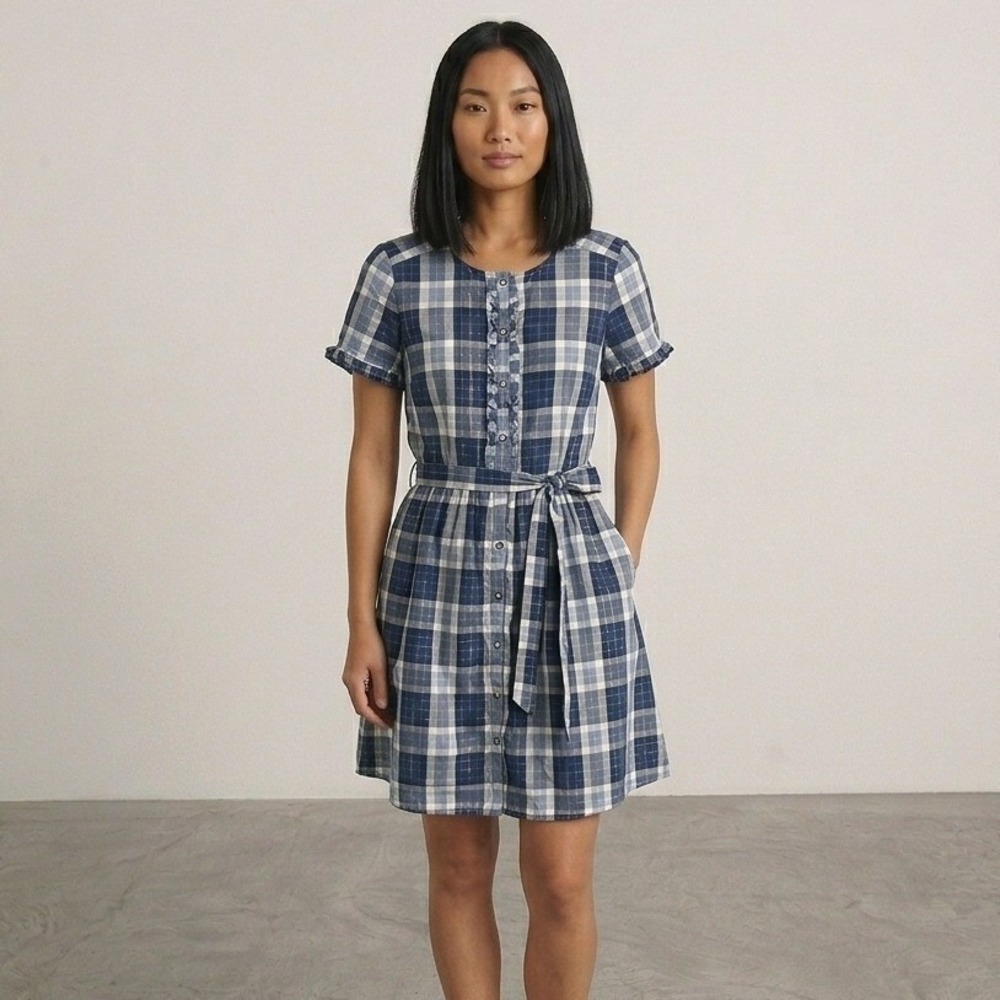 Brooks Brothers Red Fleece Plaid Belted Shirt Dress Blue White Size 4